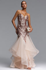 Valri Elegant Contour V Neck Sequin Pattern Maxi Dress