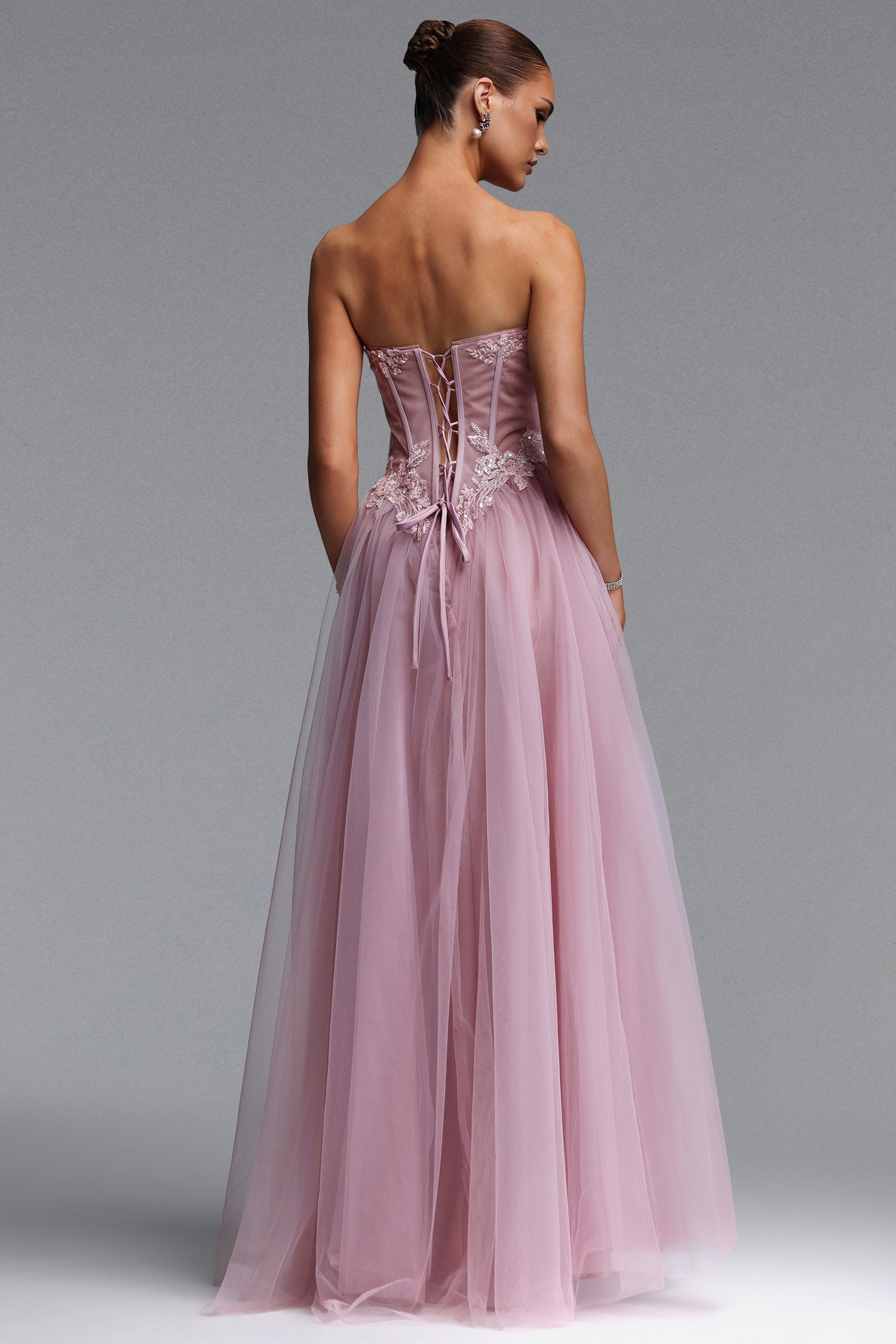 Lerae Romantic Tailored Strapless Embellished Tulle Maxi Dress