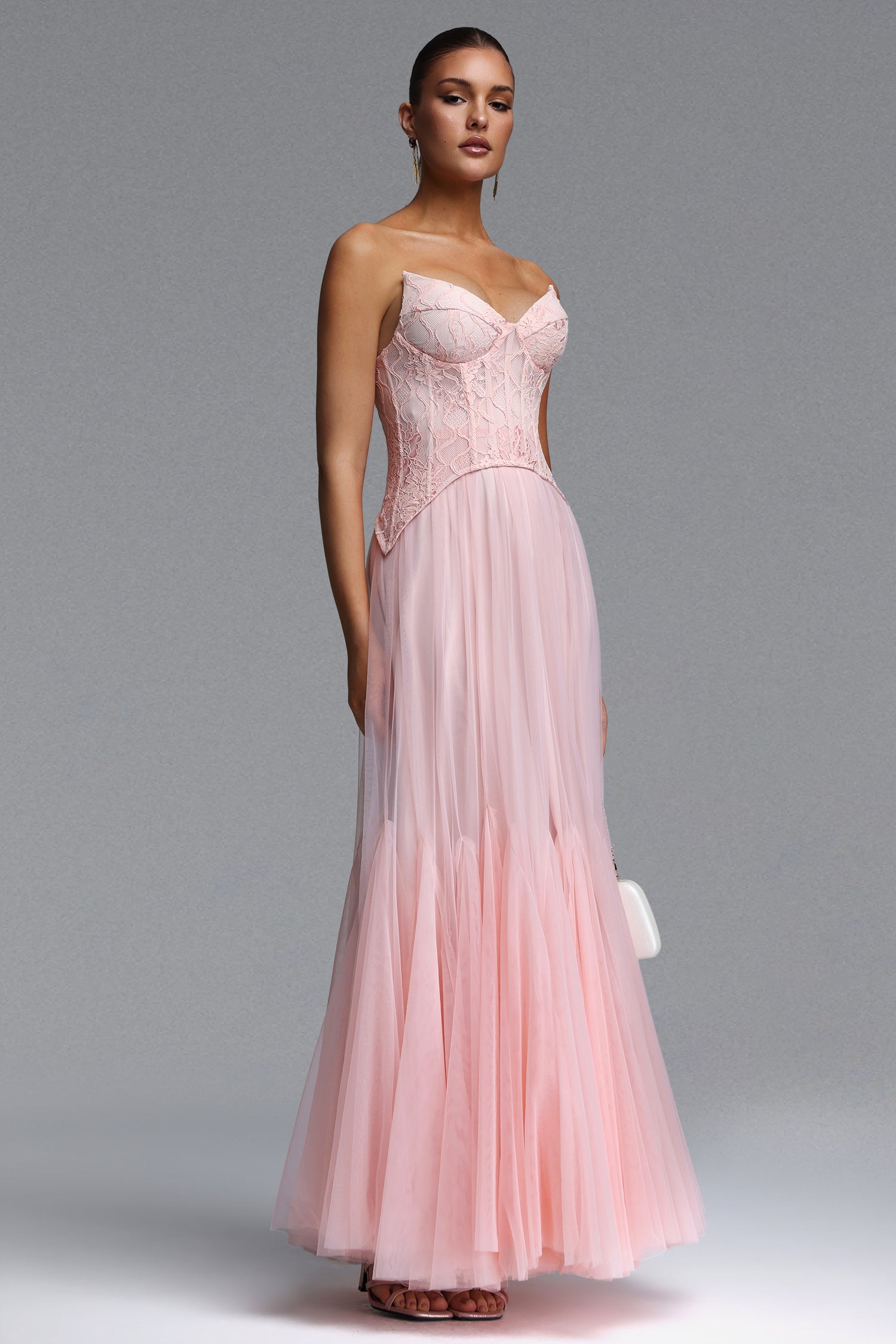 Vlafa Romantic Contour Strapless Lace Tulle Maxi Dress