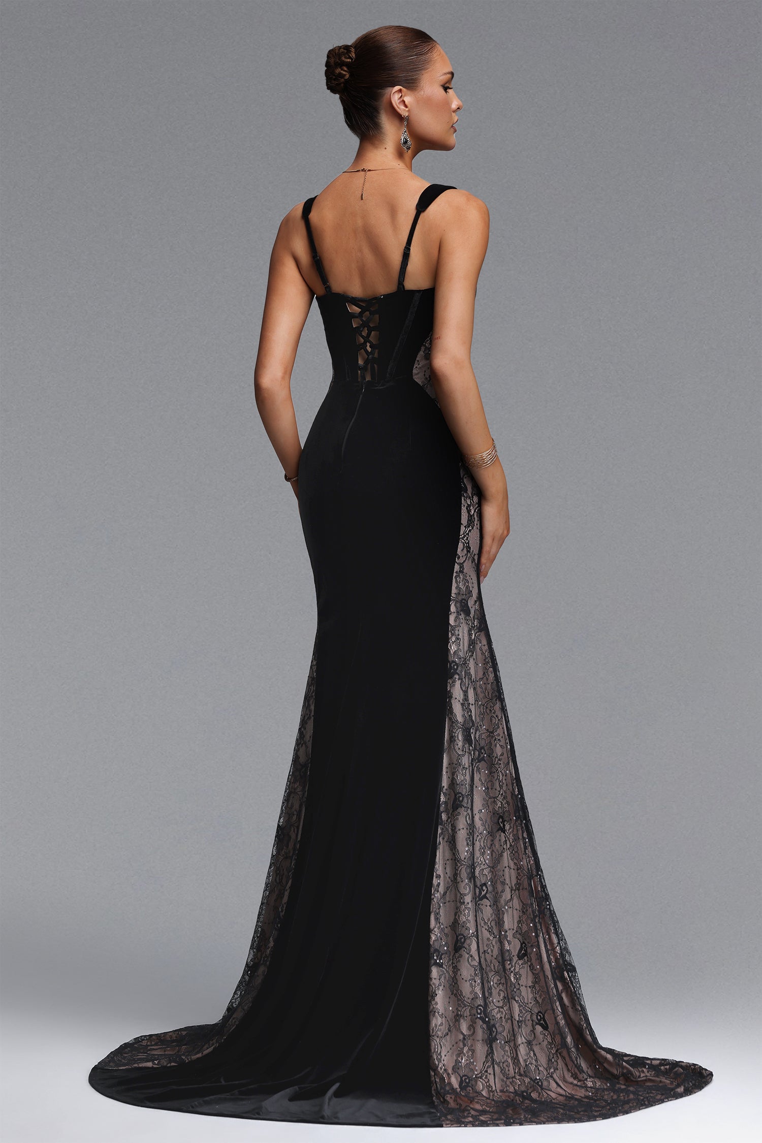 Kavaca Elegant Contour Square Neck Lace Velvet Maxi Dress
