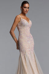 Vivian Romantic Contour V Neck Sequin Beige Maxi Dress