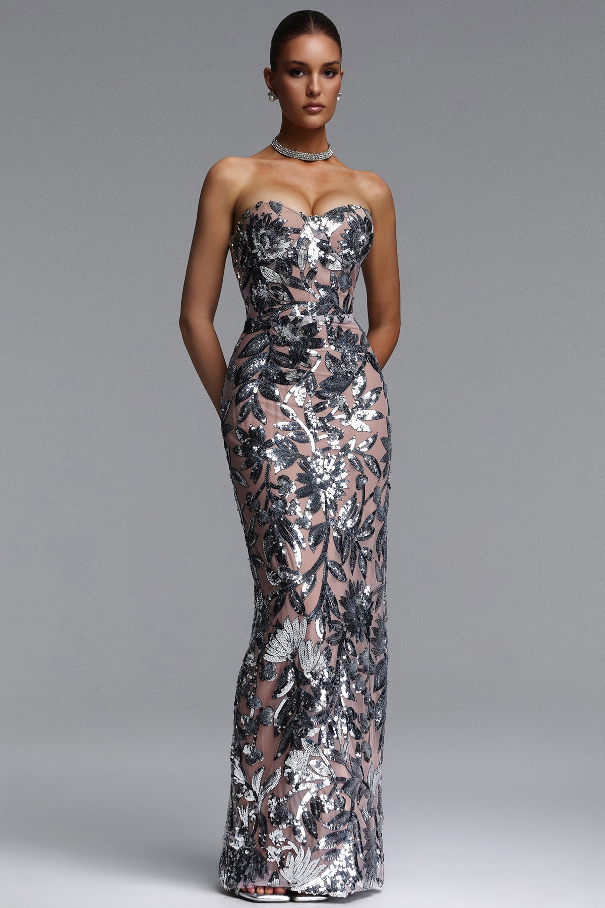 Rachel Chic Contour Strapless Sequin Maxi Dress