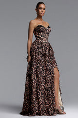 Pako Elegant Tailored Strapless Pleated Leopard Print Maxi Dress