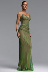 Kuhany Chic Contour Strapless Rhinestone Fish Net Maxi Dress