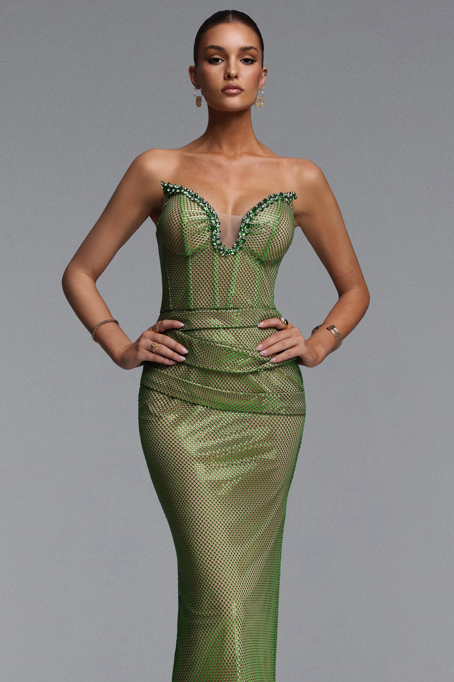 Kuhany Chic Contour Strapless Rhinestone Fish Net Maxi Dress