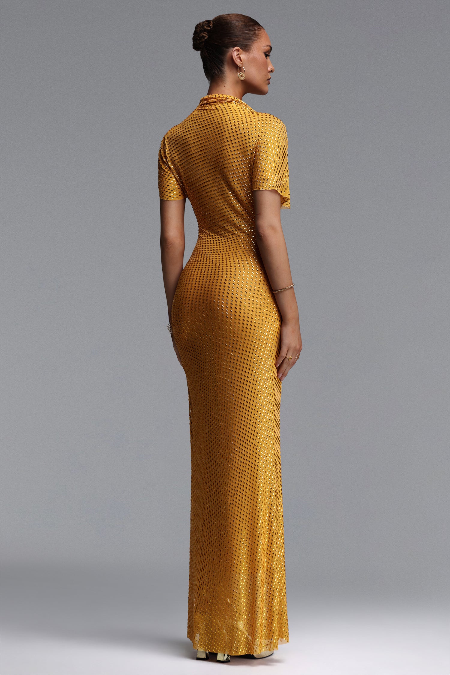 Pora Chic Contour Asymmetric Ruched Crystal Knit Yellow Maxi Dress