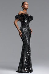 Cindy Glamorous Contour Off Shoulder Ruffled Neckline Sequin Maxi Dress