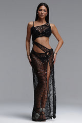 Logan Sexy One Shoulder Cut Out Sequin Knit Swimsuit Maxi Dress