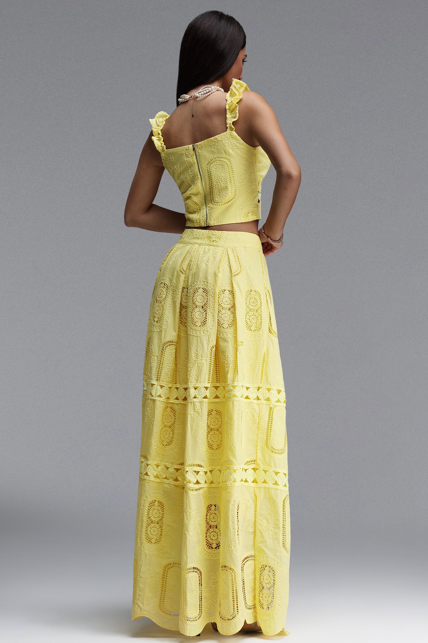 Lali Resort Flowy V Neck Sleeveless Ruffle Woven Yellow Top and Skirt Two Piece Set