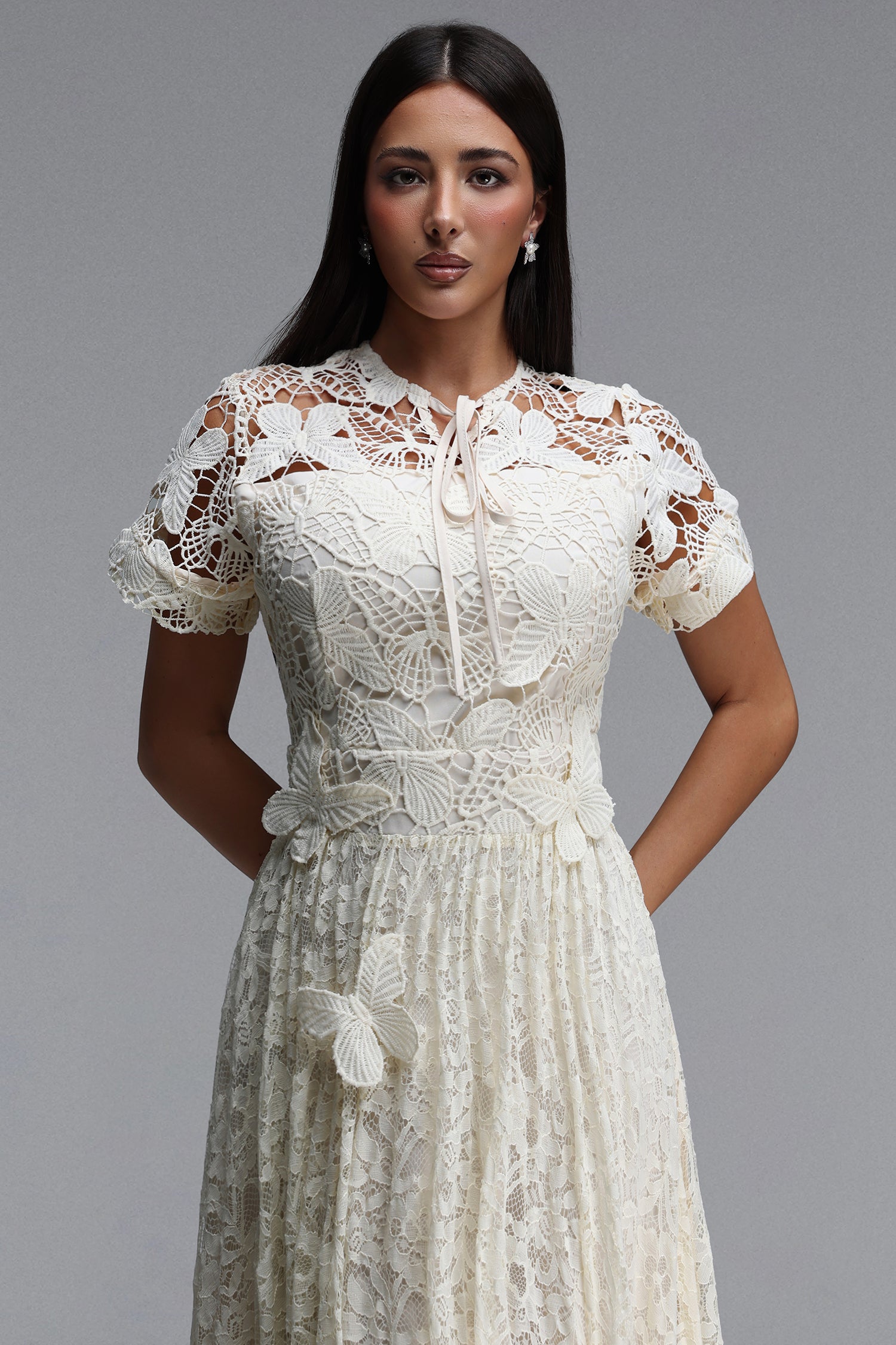 Taffy Elegant Cinched Short Sleeve Butterfly Floral Lace Maxi Dress