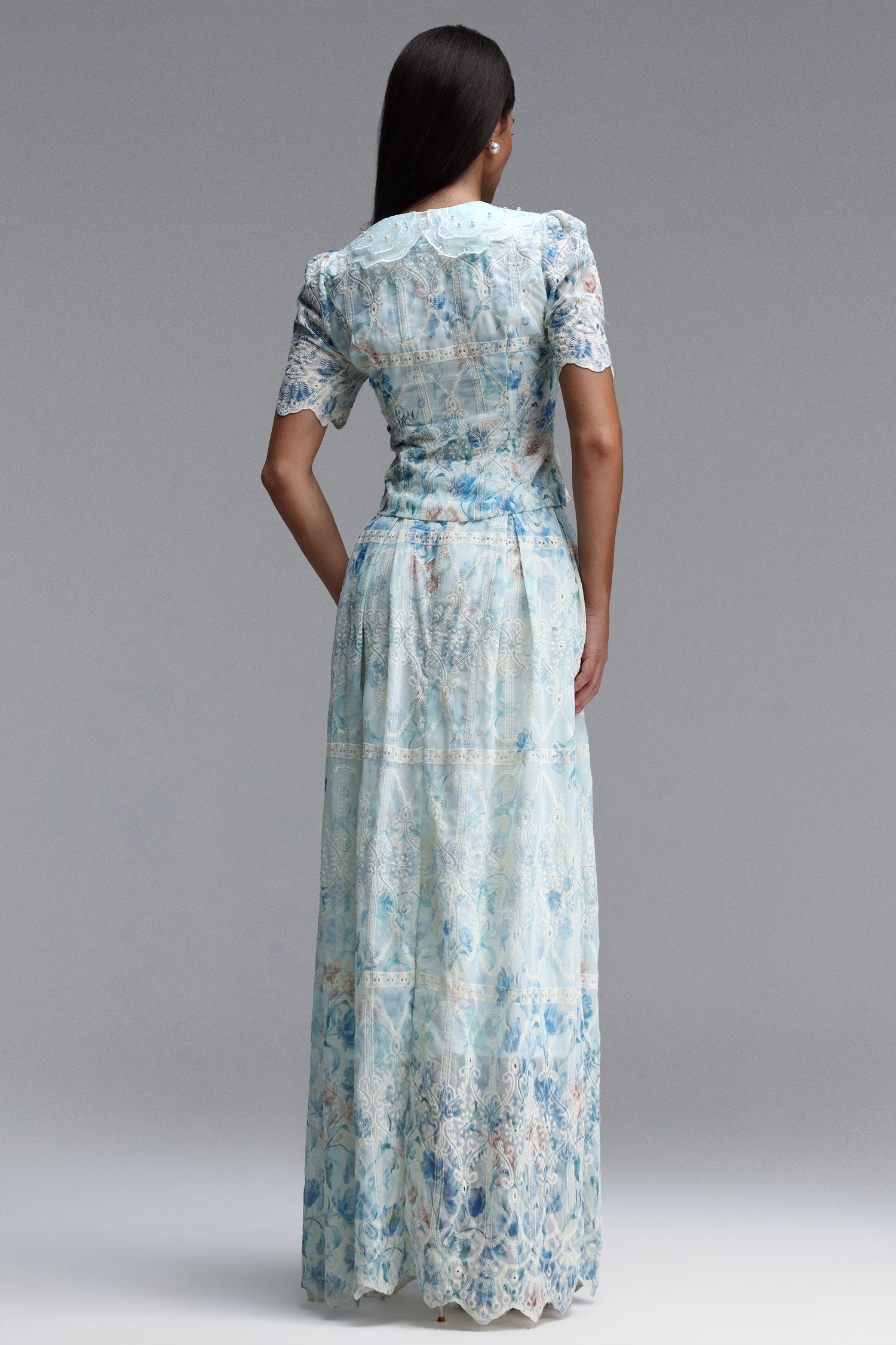 Ignacia Romantic Flowy Short Sleeve Floral Print Embroidered Woven Blue Top and Skirt Two Piece Set