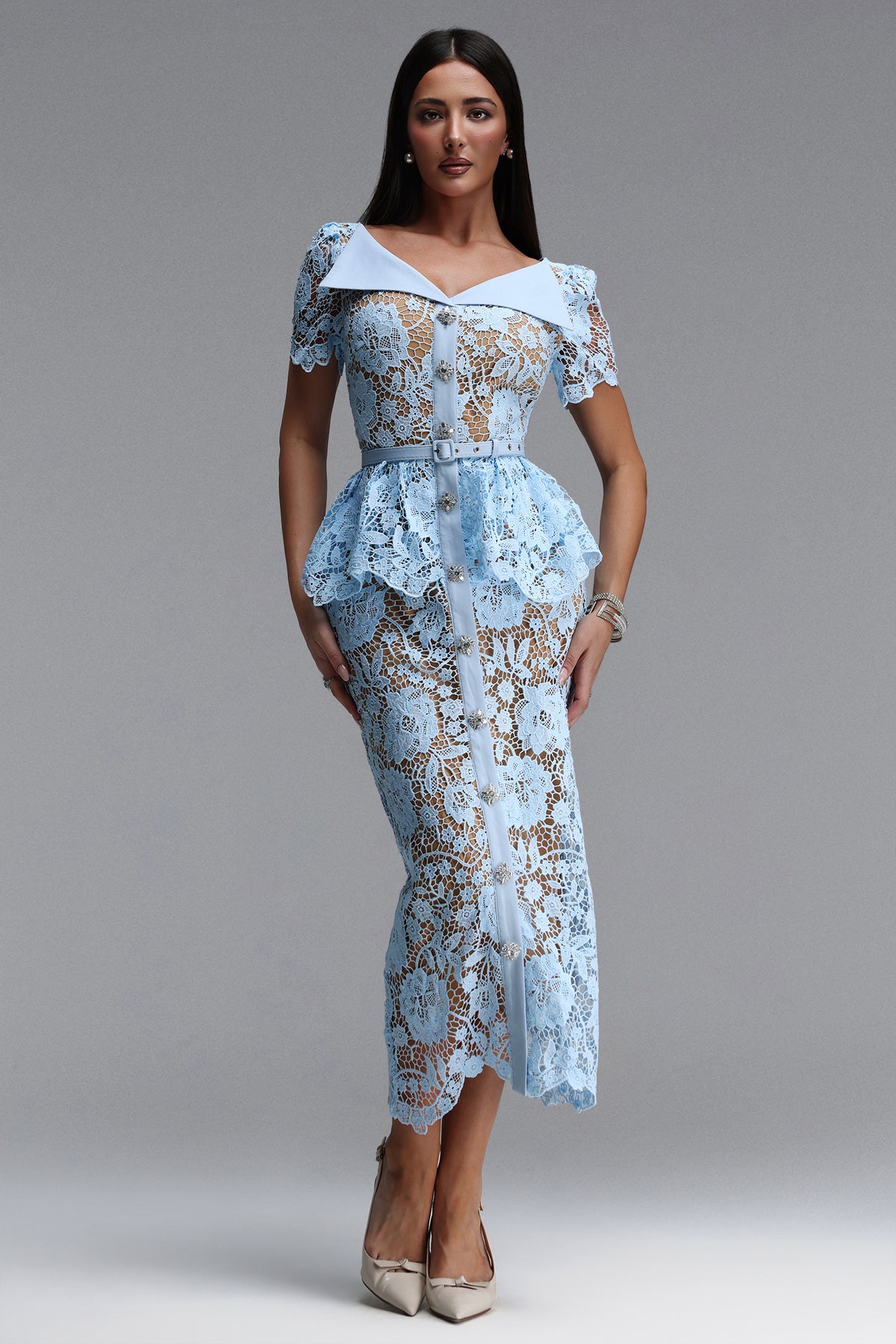 Quinn Elegant Cinched Short Sleeve Floral Lace Blue Maxi Dress