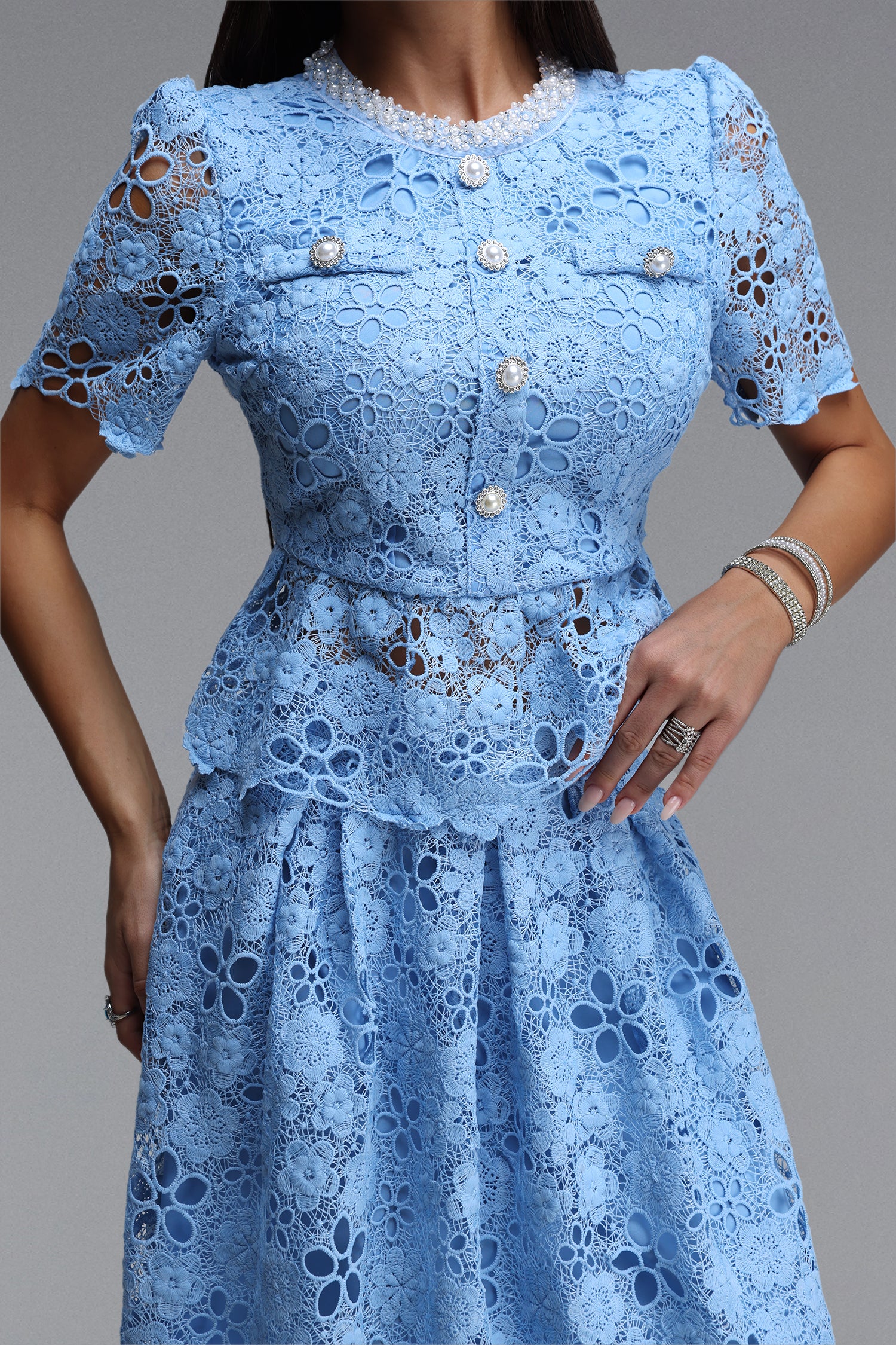 Rue Elegant Tailored Round Neck Short Sleeve Floral Lace Maxi Dress