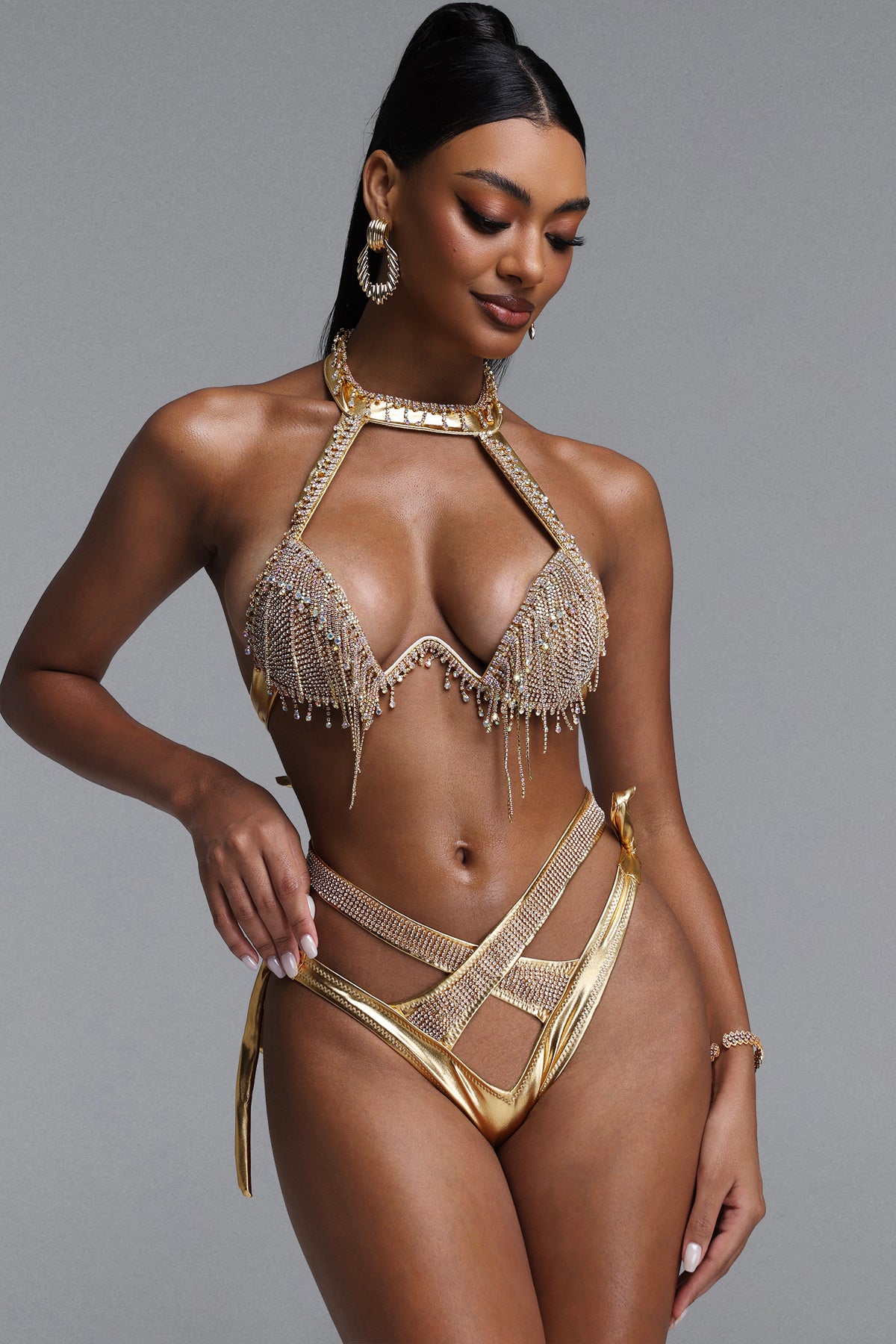 Gaki Luxurious Contour Halter Rhinestone Tassel Cross Tie Bikini Set