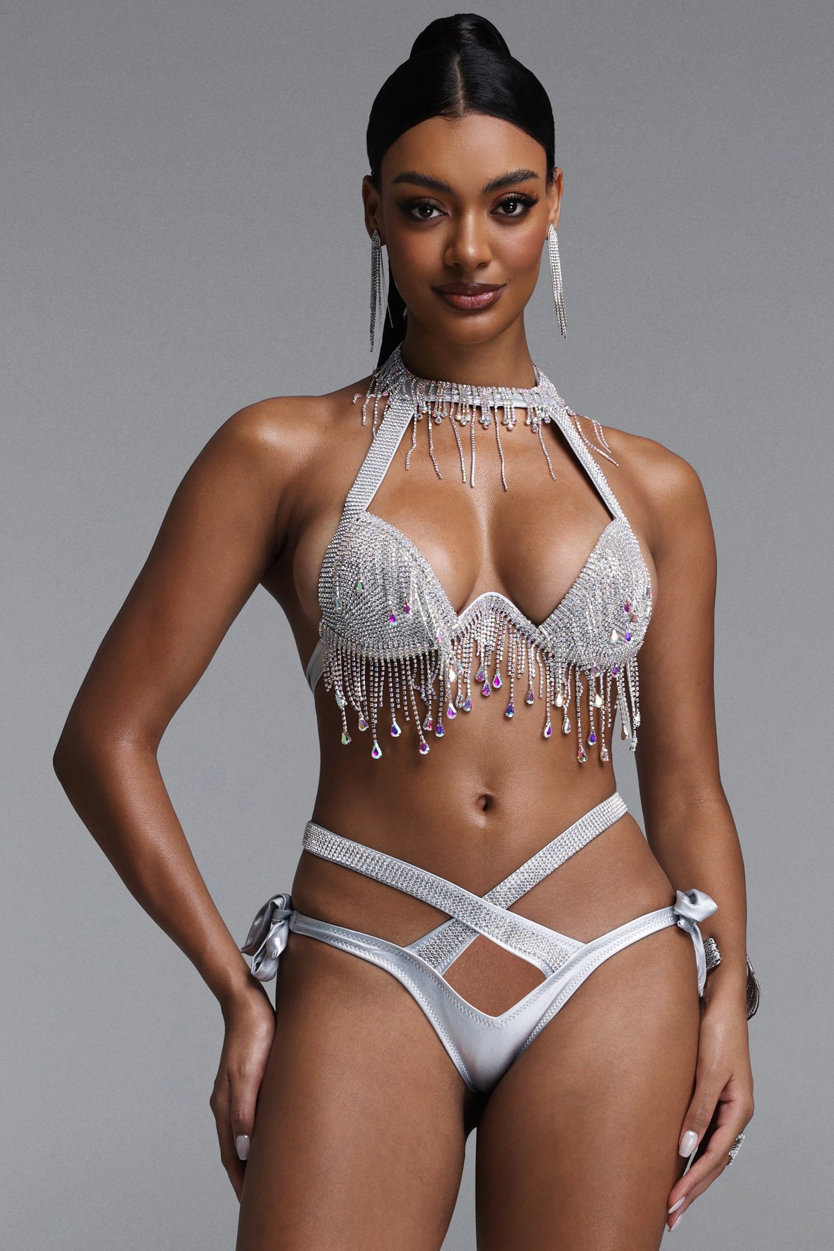 Gaki Luxurious Contour Halter Rhinestone Tassel Cross Tie Bikini Set