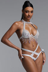 Gaki Luxurious Contour Halter Rhinestone Tassel Cross Tie Bikini Set