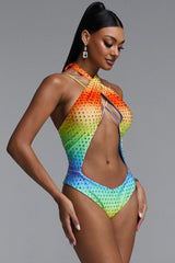 Mead Chic Crisscross Halter Gradient Rhinestone Rainbow Cut out Swimsuit