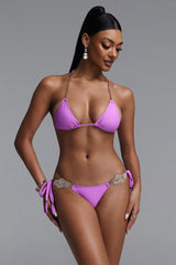 Saraja Elegant Halter Gold Chain Rhinestone Side Tie Bikini Set