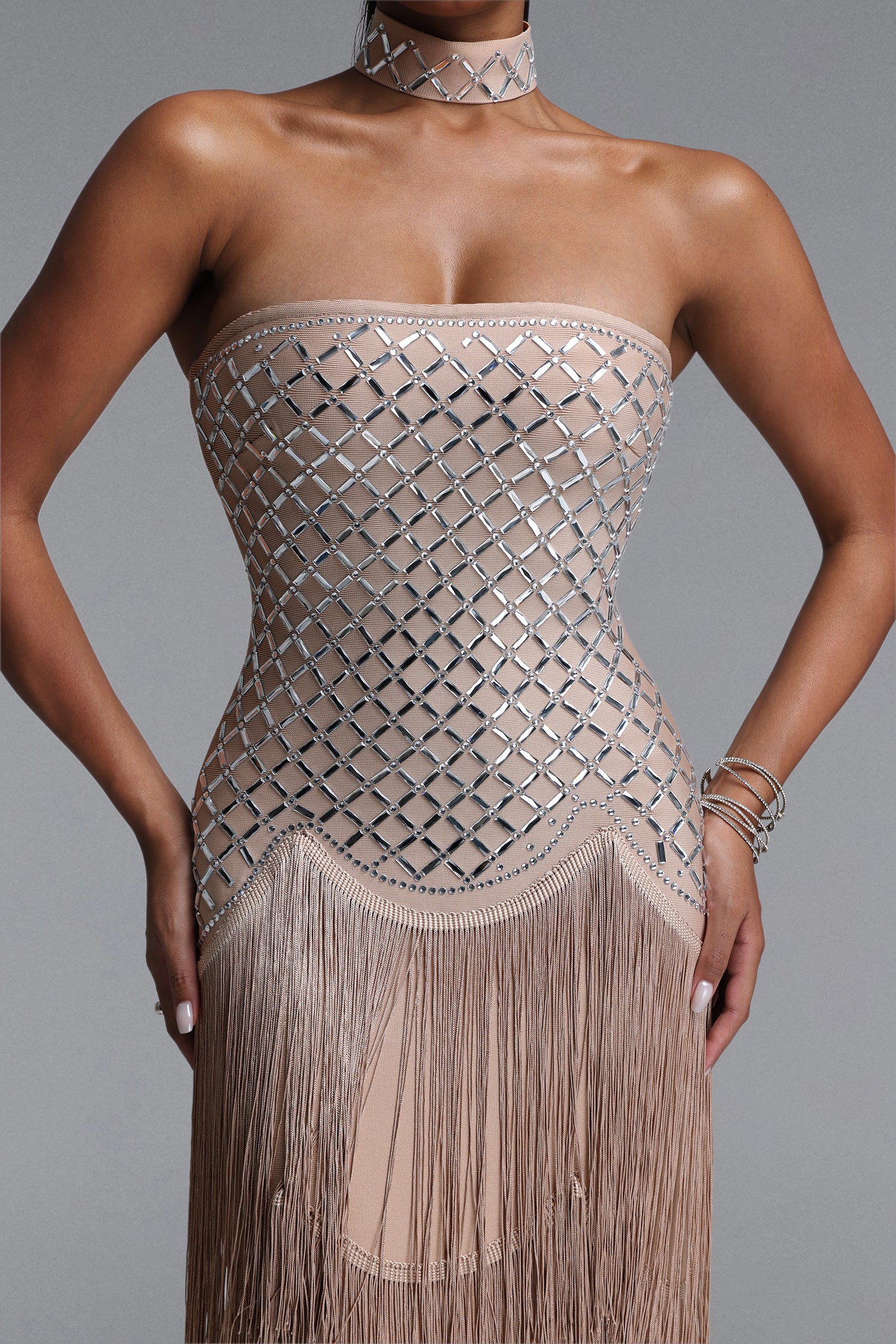 Nikki Elegant Contour Strapless Rhinestone Fringe Midi Dress