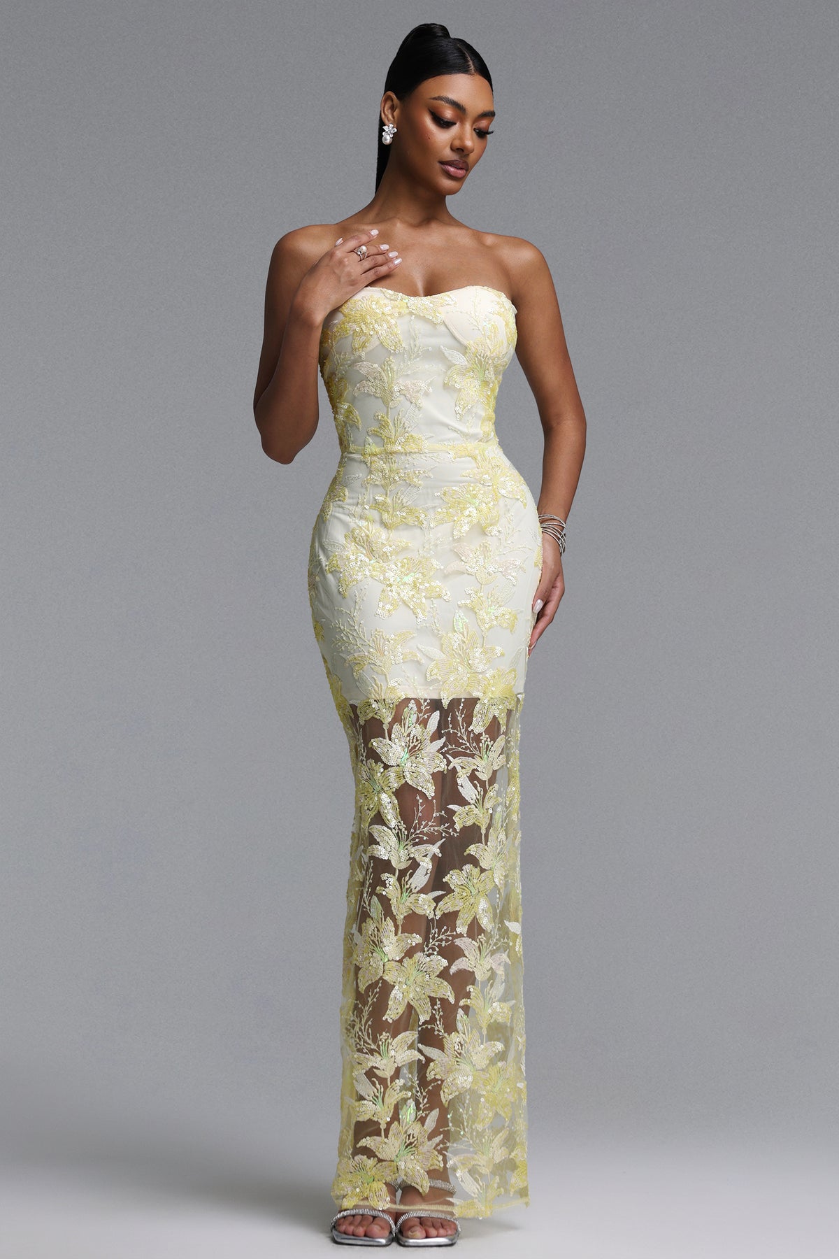 Livana Elegant Youthful Strapless Floral Embroidery Sheer Mermaid Maxi Dress