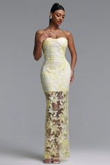 Livana Elegant Youthful Strapless Floral Embroidery Sheer Mermaid Maxi Dress