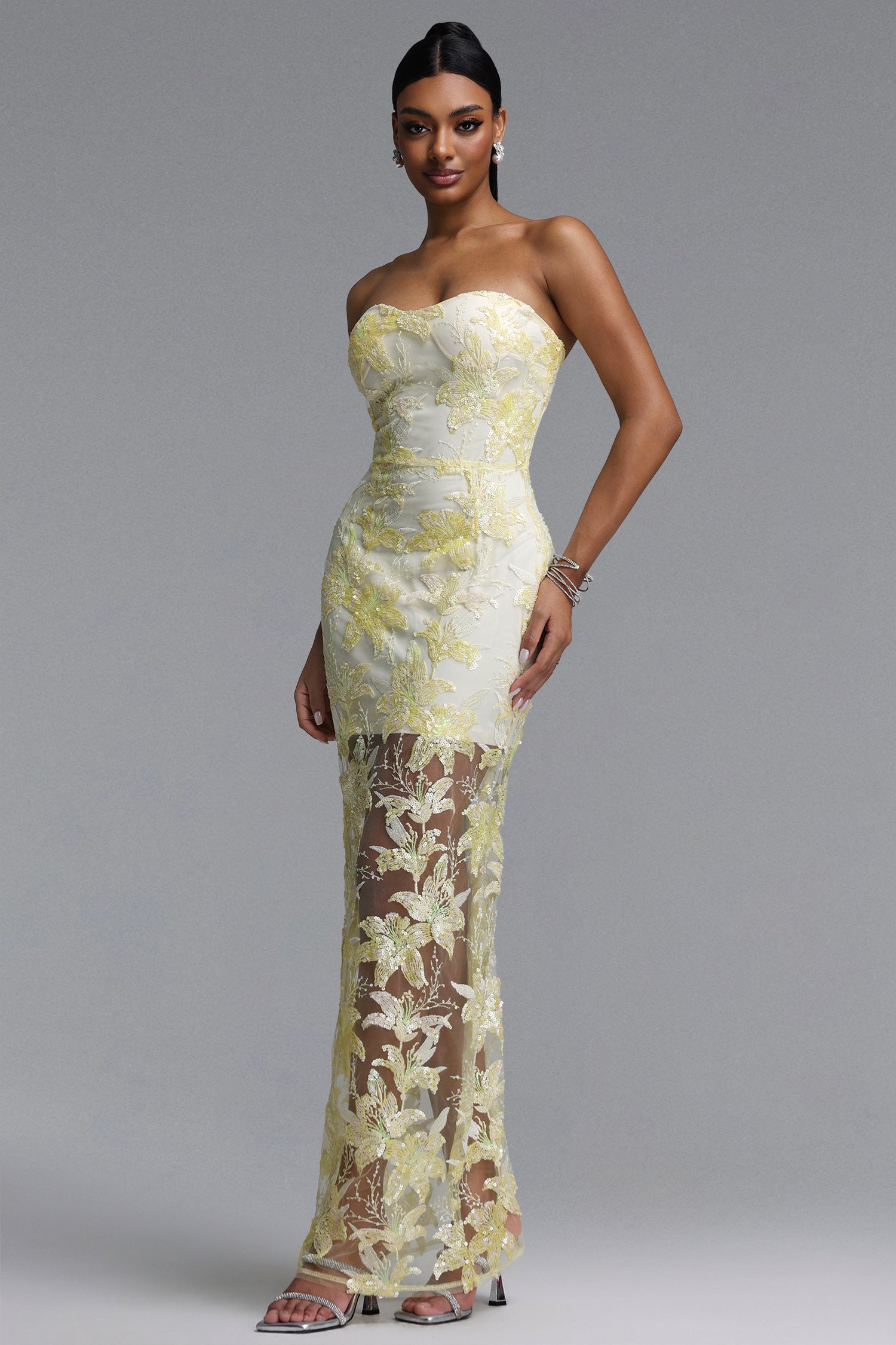 Livana Elegant Youthful Strapless Floral Embroidery Sheer Mermaid Maxi Dress