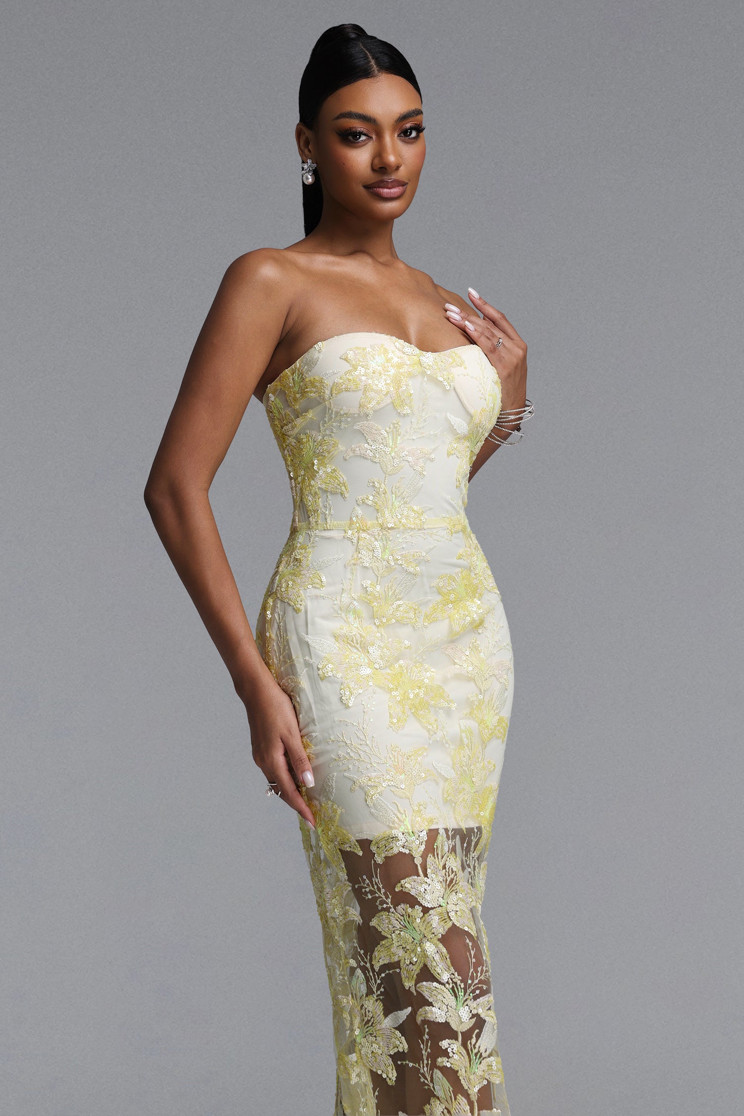 Livana Elegant Youthful Strapless Floral Embroidery Sheer Mermaid Maxi Dress