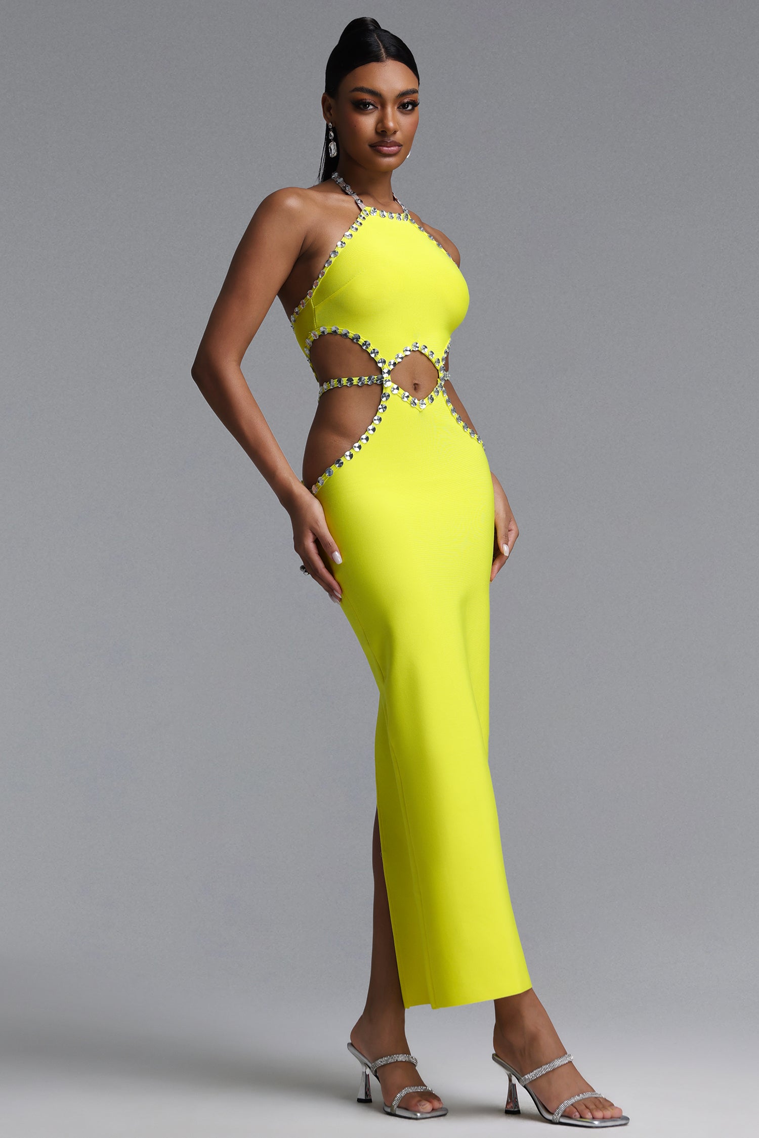 Juyce Halter Sleeveless Hollow Out Diamond Bandage Maxi Dress