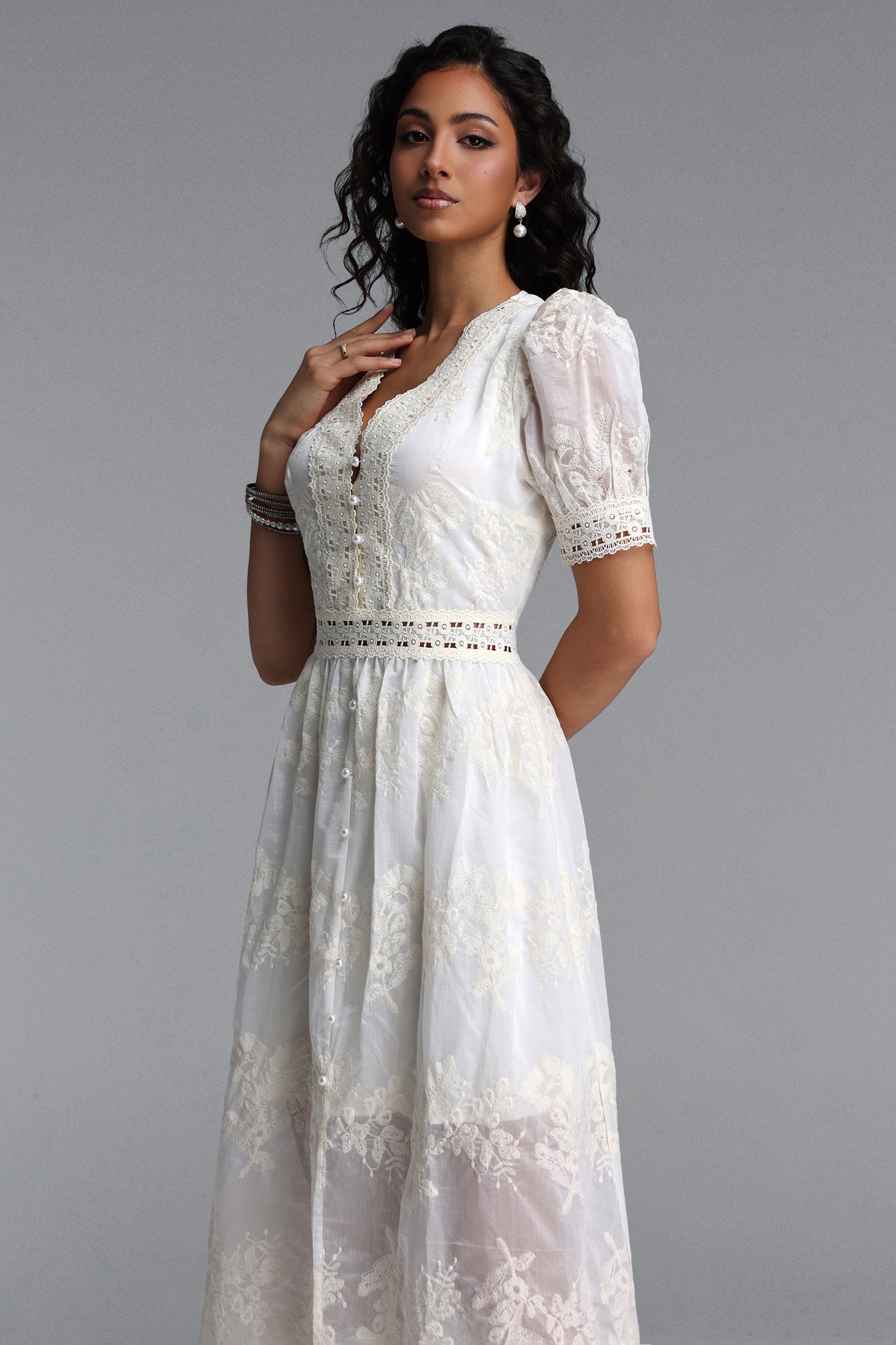 Ganera Resort Flowy V Neck Short Sleeve Floral Woven Midi Dress