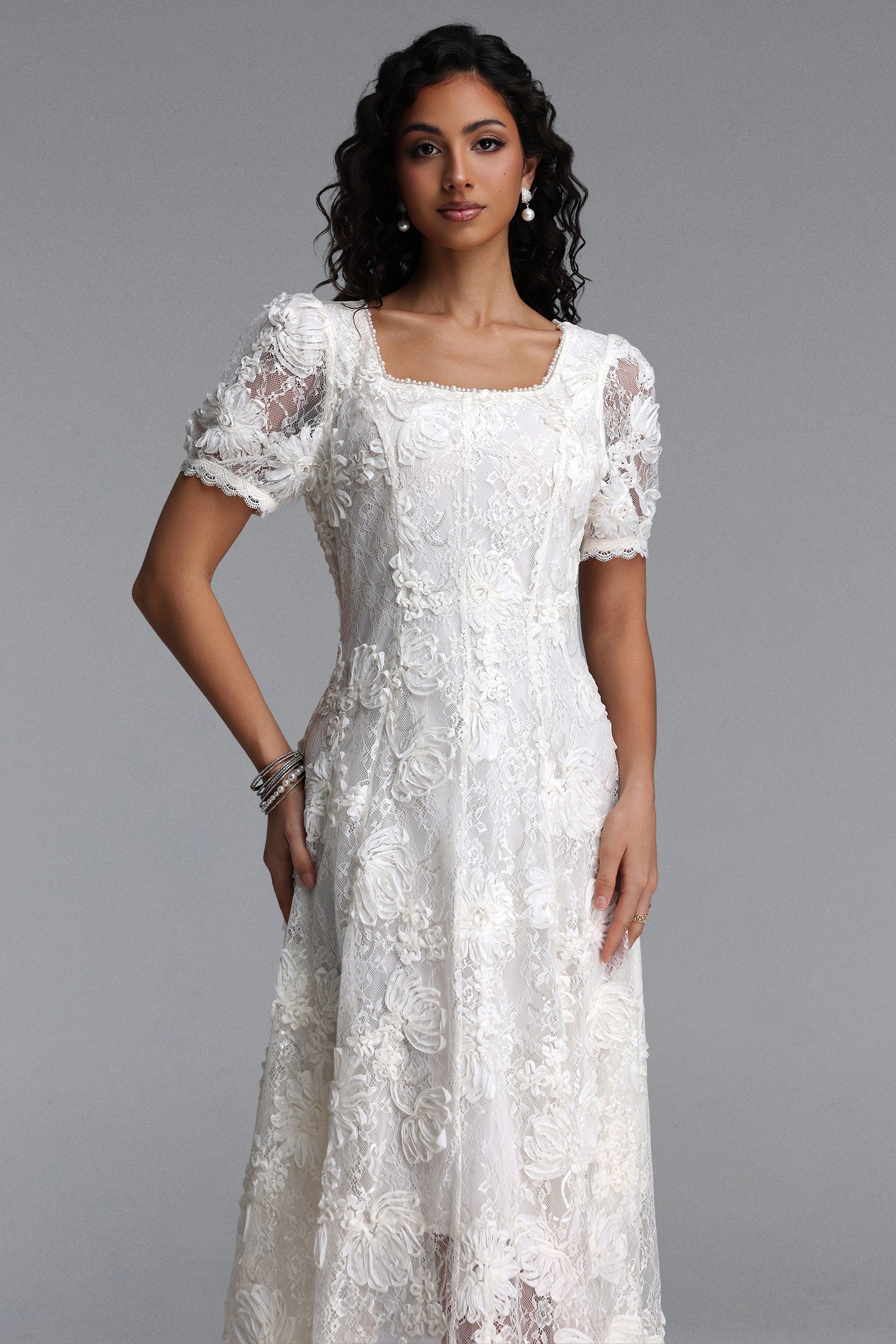 Yerza Elegant Tailored Short Sleeve Floral Woven Maxi Dress