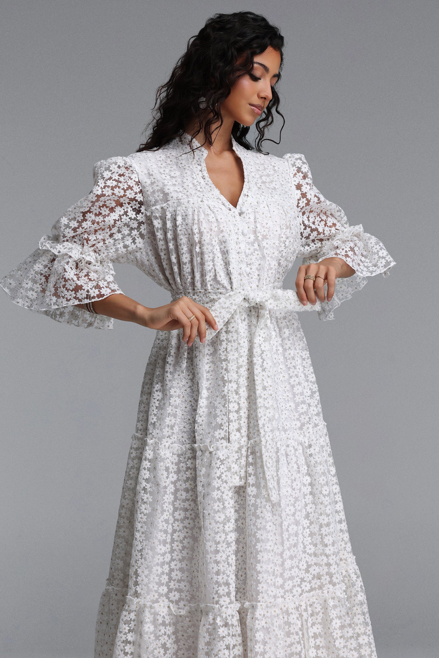Lzada Resort Flowy V Neck Puff Sleeve Floral Woven Maxi Dress