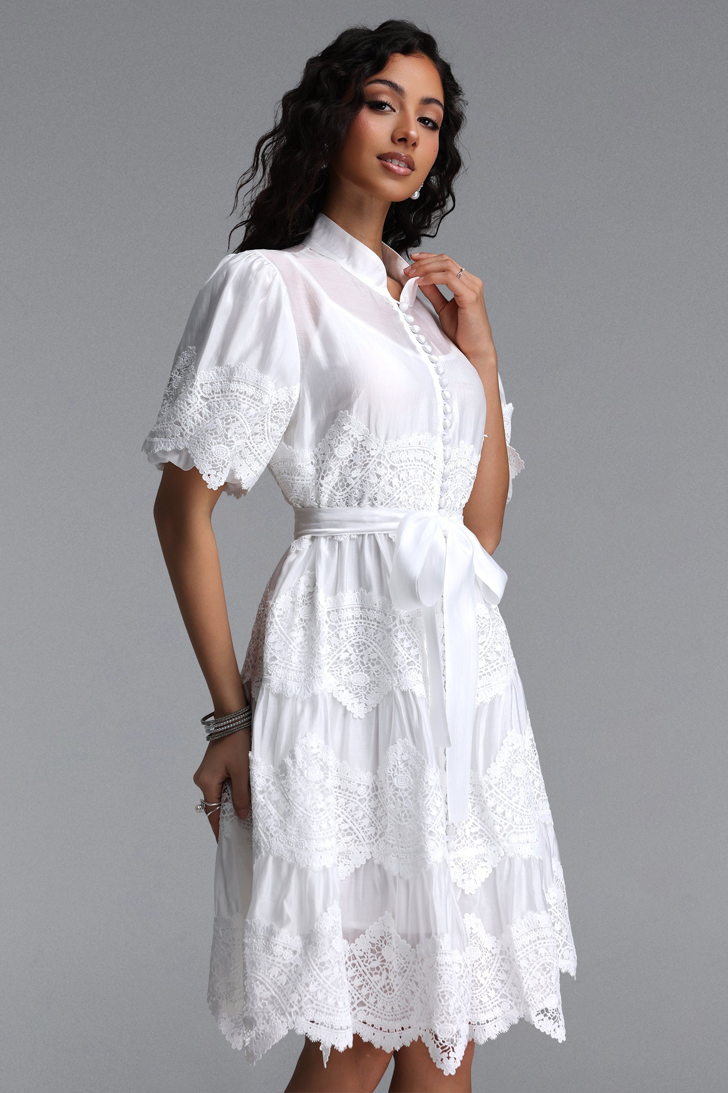 Maci Resort Flowy Puff Sleeve Floral Lace Woven Mini Dress