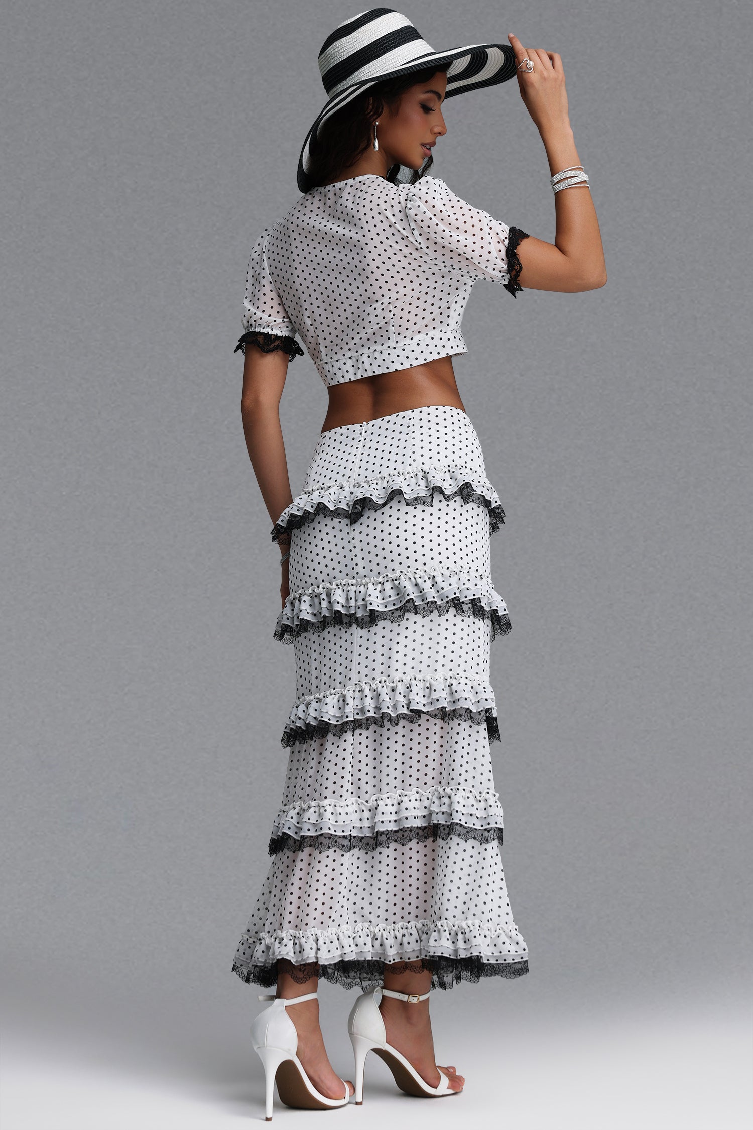 Frida Classic Tailored Short Sleeve Ruffle Polka Dot Chiffon Top and Skirt Two Piece Set