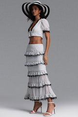 Frida Classic Tailored Short Sleeve Ruffle Polka Dot Chiffon Top and Skirt Two Piece Set