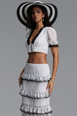 Frida Classic Tailored Short Sleeve Ruffle Polka Dot Chiffon Top and Skirt Two Piece Set