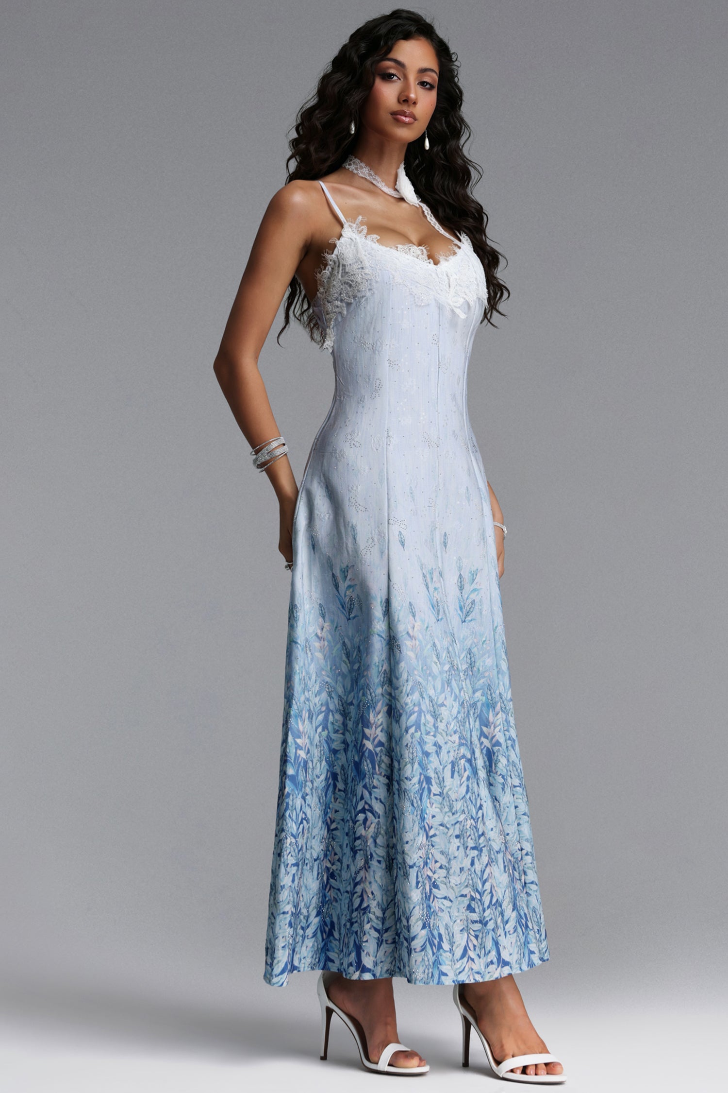 Lape Elegant Tailored Sleeveless Lace Floral Print Rhinestone Woven Maxi Dress