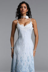 Lape Elegant Tailored Sleeveless Lace Floral Print Rhinestone Woven Maxi Dress