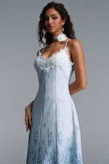 Lape Elegant Tailored Sleeveless Lace Floral Print Rhinestone Woven Maxi Dress