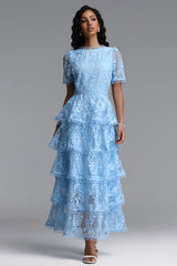 Yedda Resort Flowy Round Neck Short Sleeve Floral Embroidered Woven Blue Maxi Dress