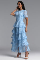 Yedda Resort Flowy Round Neck Short Sleeve Floral Embroidered Woven Blue Maxi Dress