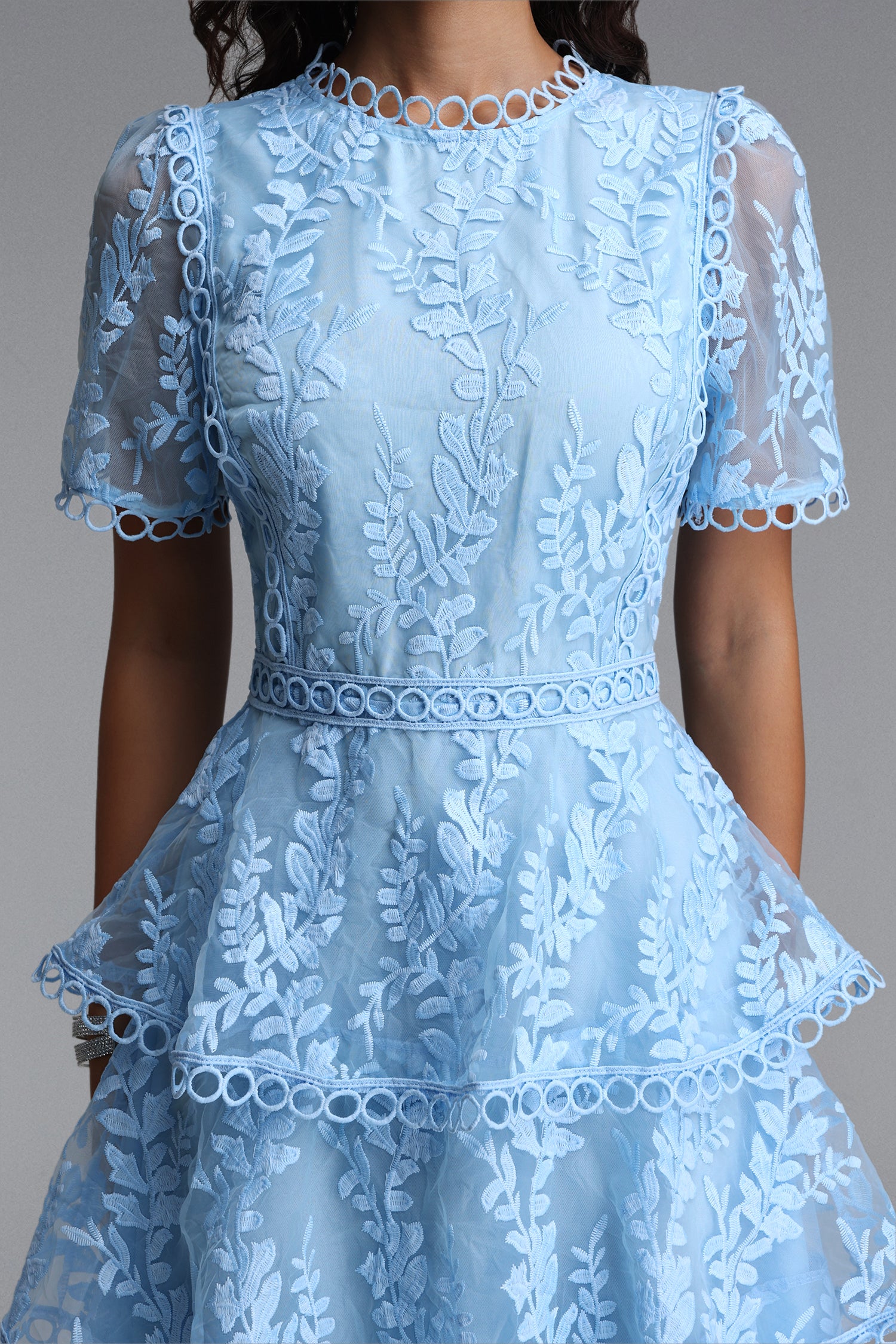 Yedda Resort Flowy Round Neck Short Sleeve Floral Embroidered Woven Blue Maxi Dress