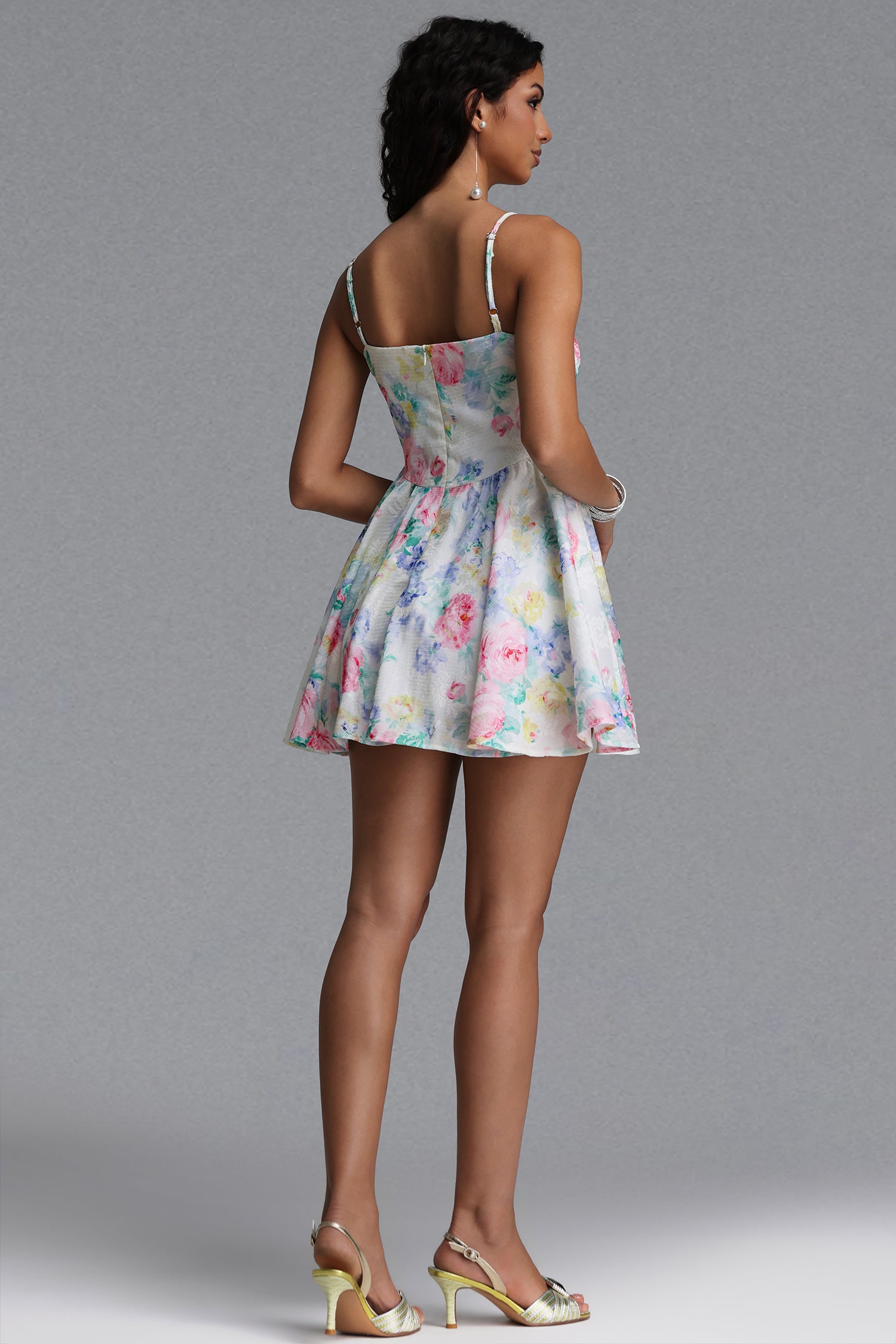Katrina Resort Cinched Sleeveless Floral Print Woven Mini Dress