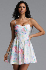Katrina Resort Cinched Sleeveless Floral Print Woven Mini Dress