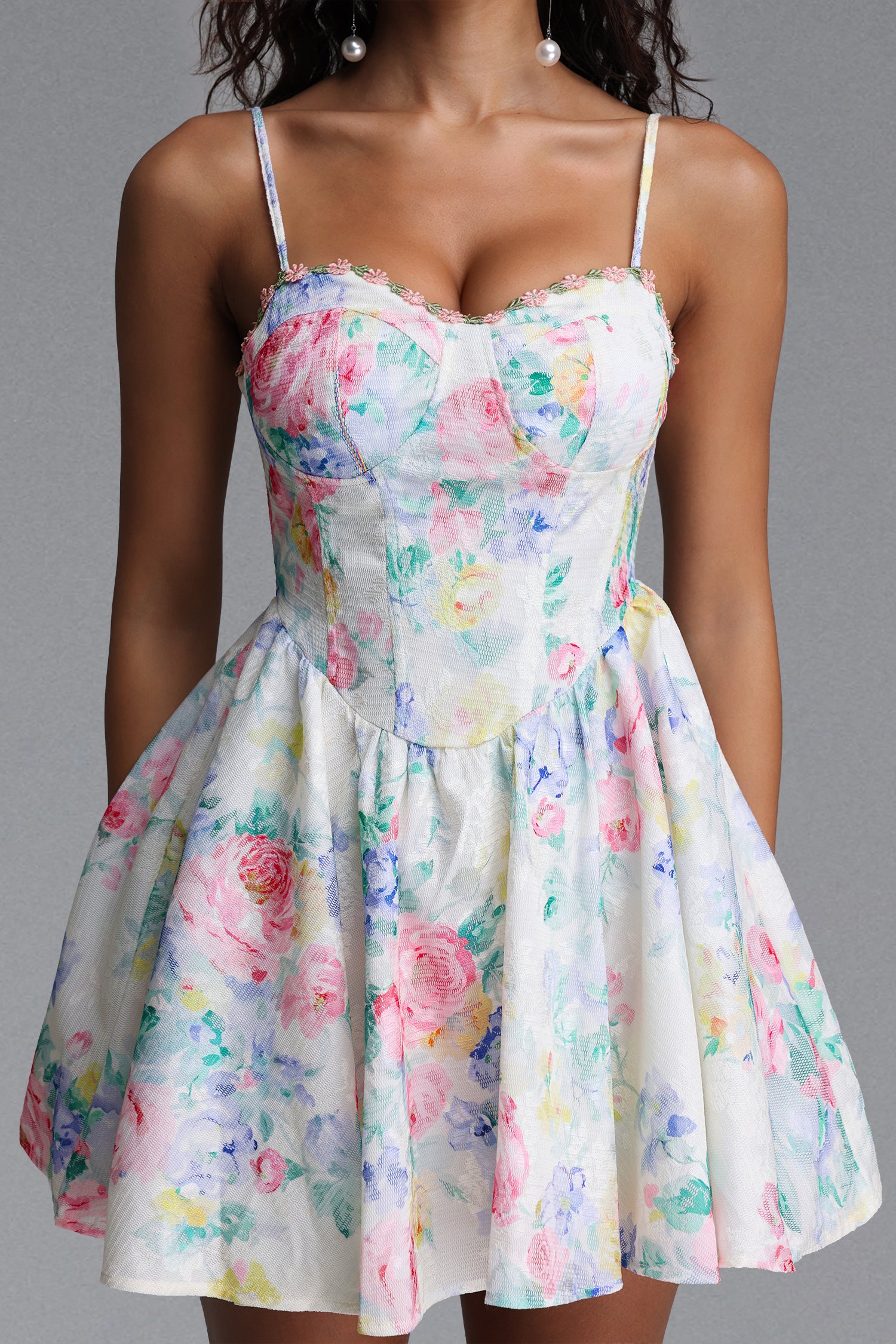 Katrina Resort Cinched Sleeveless Floral Print Woven Mini Dress