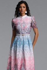 Weiss Resort Cinched Short Sleeve Floral Print Lace Midi Dress