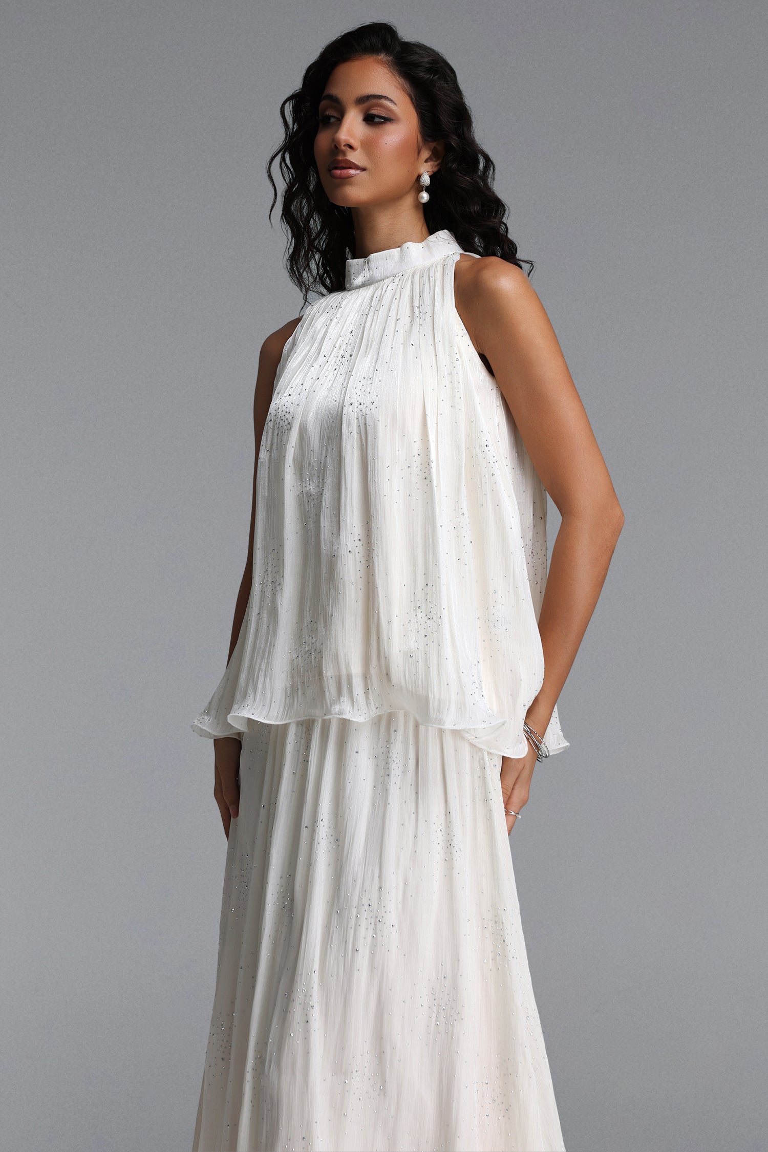 Debra Resort Flowy Sleeveless Rhinestone Woven Beige Top and Skirt Two Piece Set