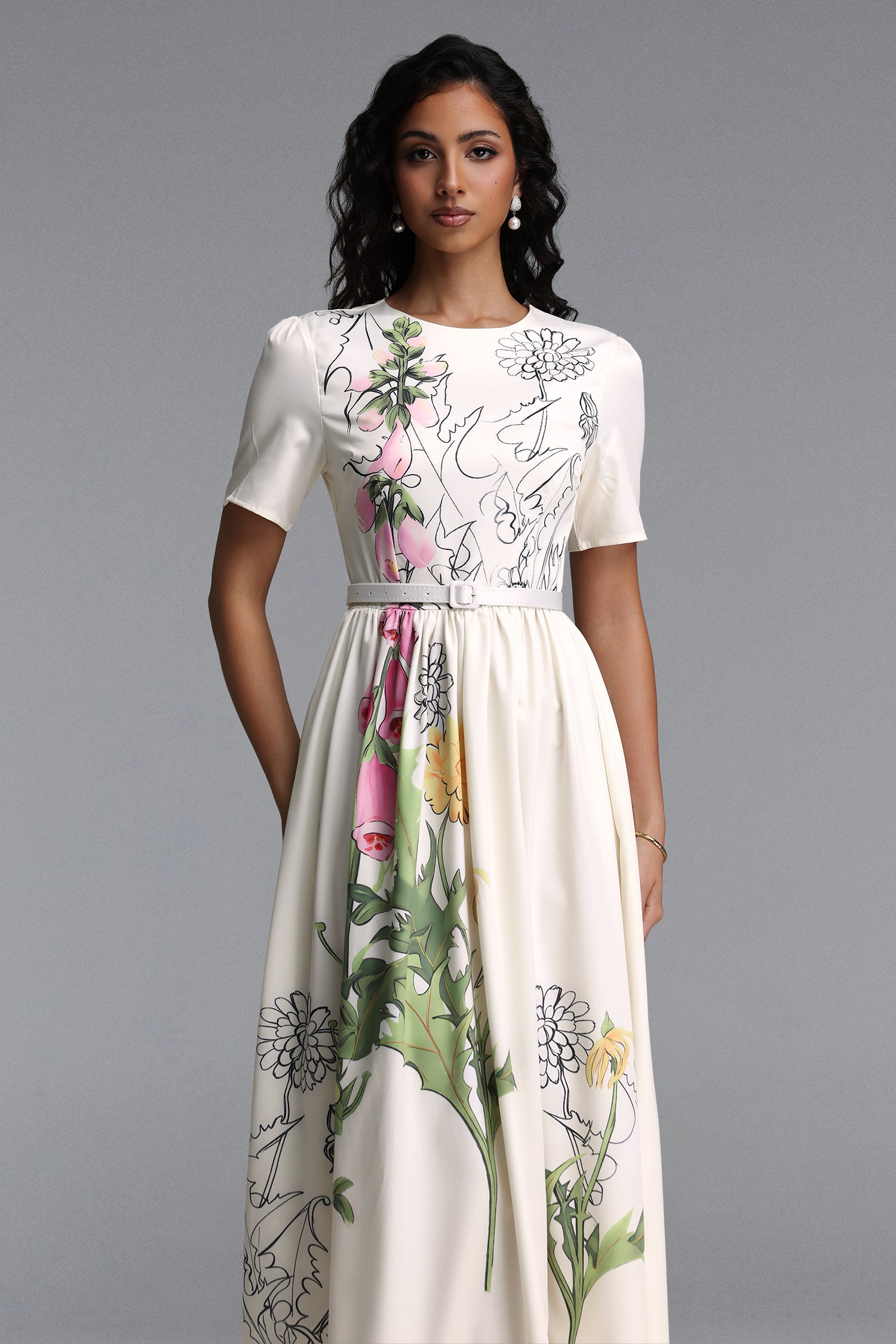 Nani Elegant Tailored Round Neck Short Sleeve Floral Print Woven Maxi Dress