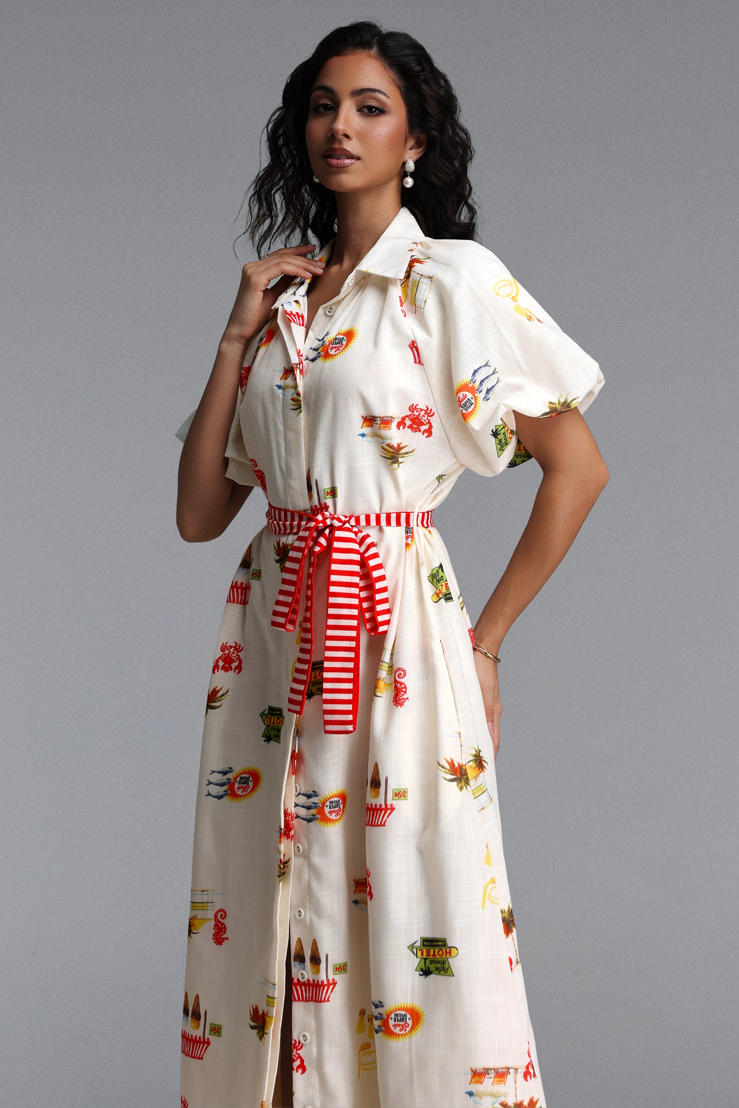 Paulina Resort Tailored Puff Sleeve Print Woven Maxi Dress