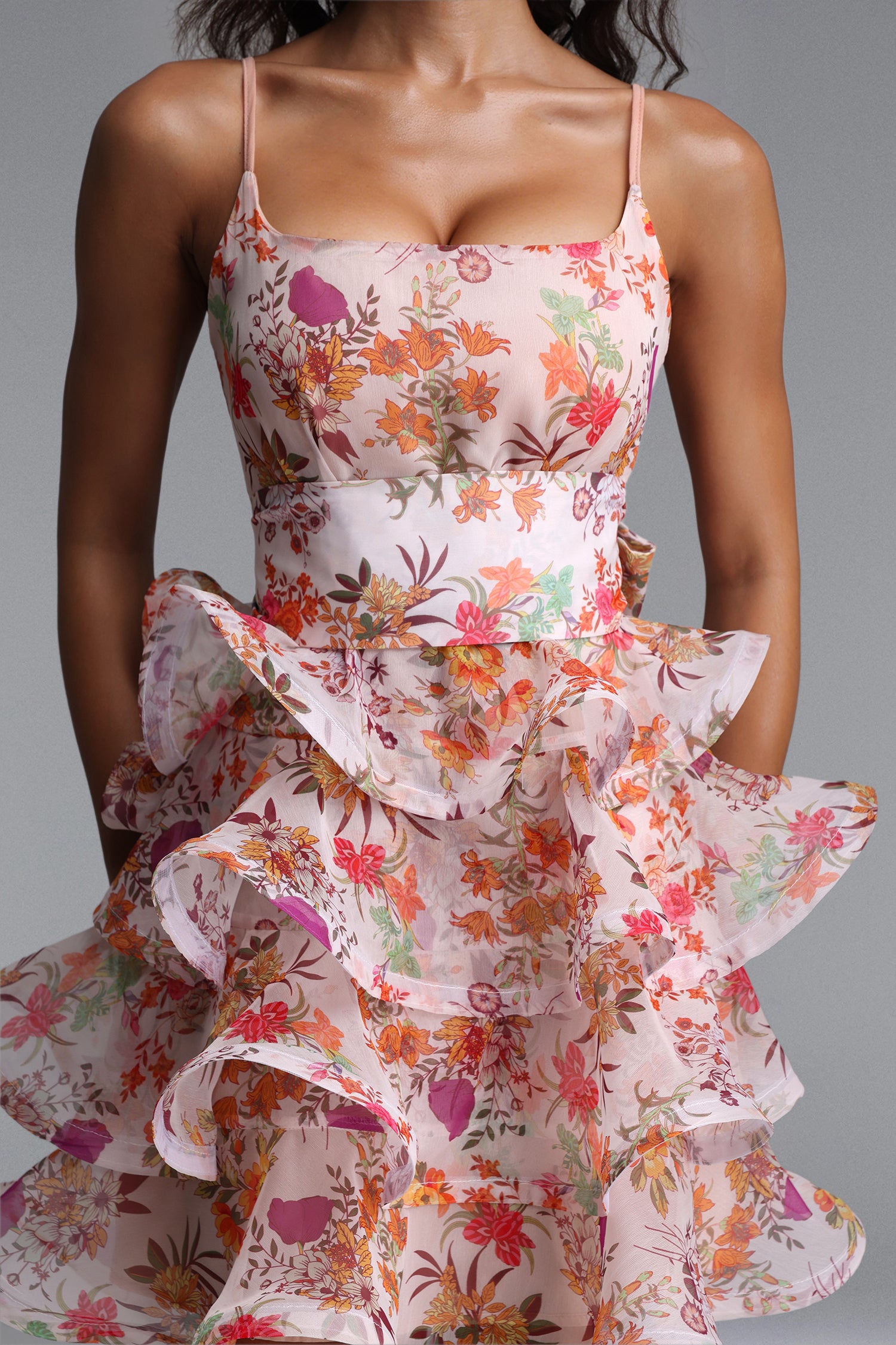 Jacey Resort Tailored Sleeveless Ruffle Floral Print Organza Mini Dress