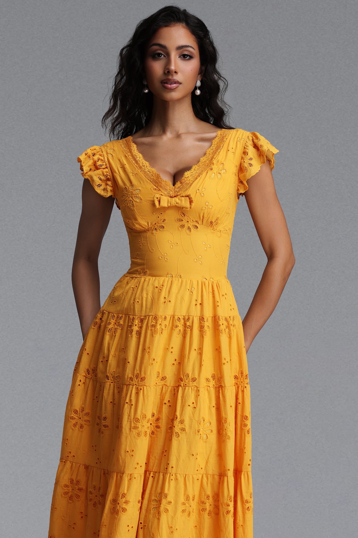 Jerlyn Resort Flowy V Neck Sleeveless Bow Ruffle Woven Maxi Dress
